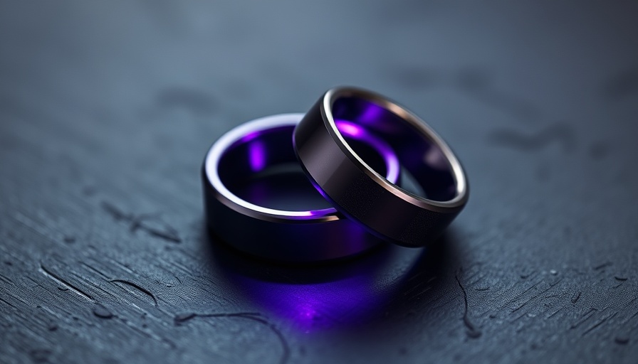 Sleek digital rings with purple LED glow on textured surface.