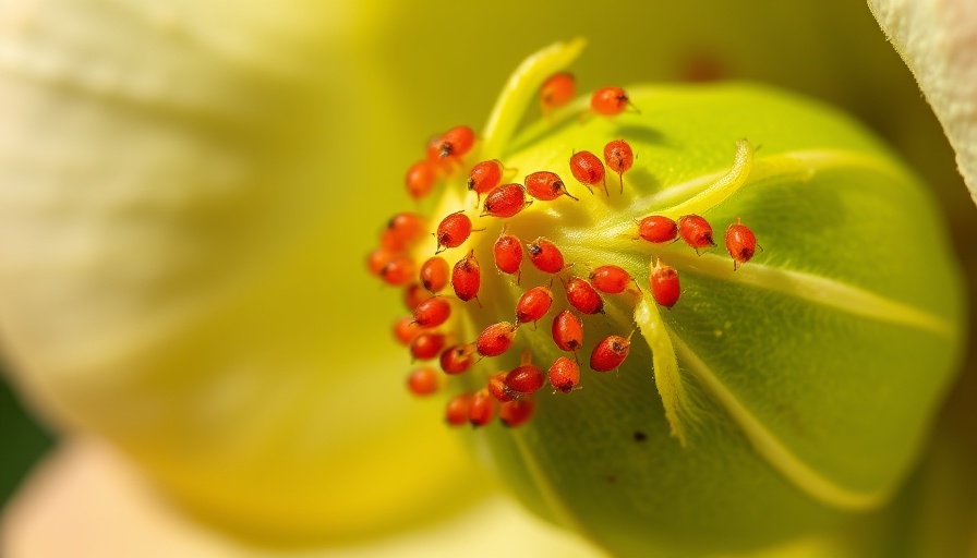 Reddish aphids on rosebud, detailed macro shot, controlling pests.