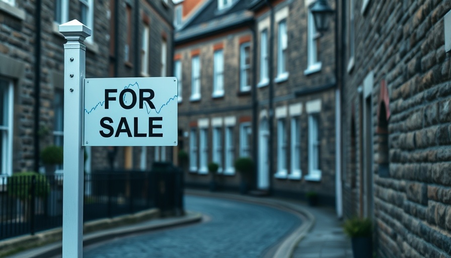 UK housing market trends visual with 'for sale' sign and line graphs.