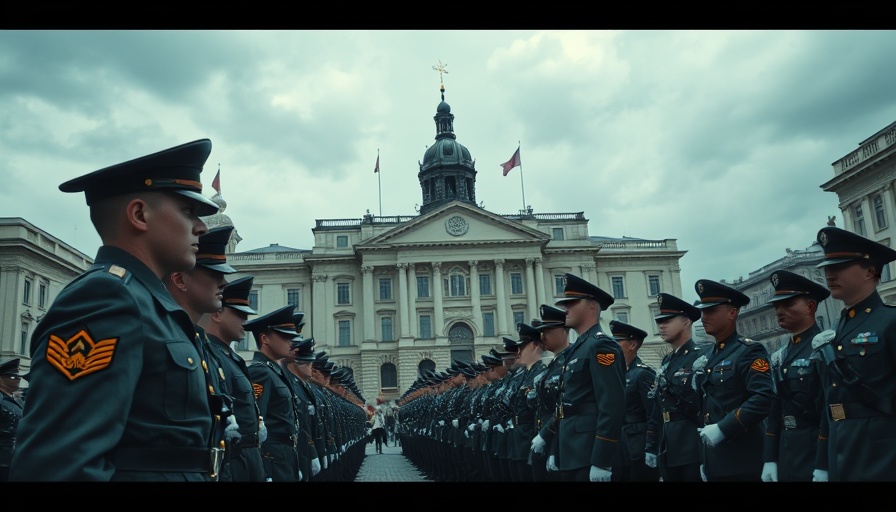 Soldiers standing in formation at a parade with historic building.