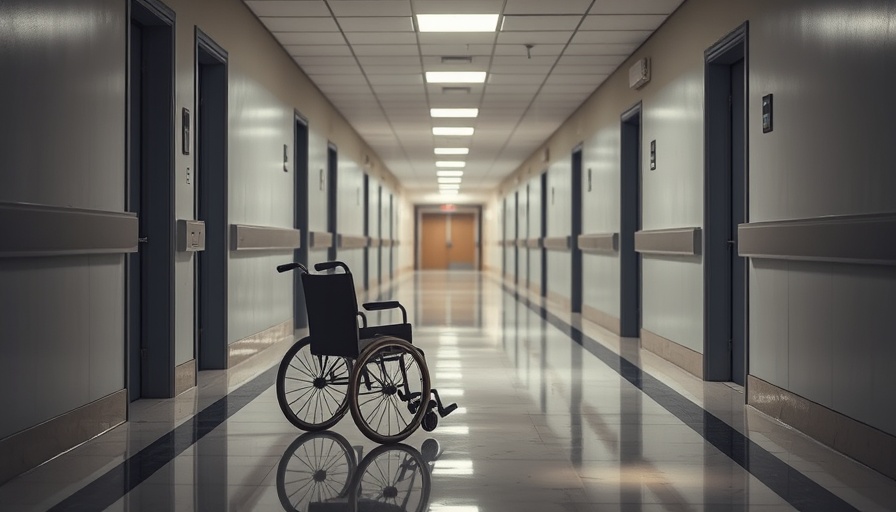 Dimly lit eldercare facility hallway with empty wheelchair.