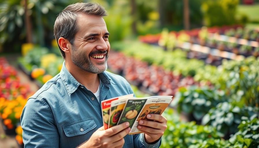 Man in vegetable garden holding seed packets, planning to plant.