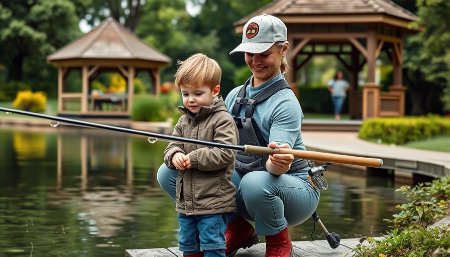 Local news: Community fishing event at park with child learning.