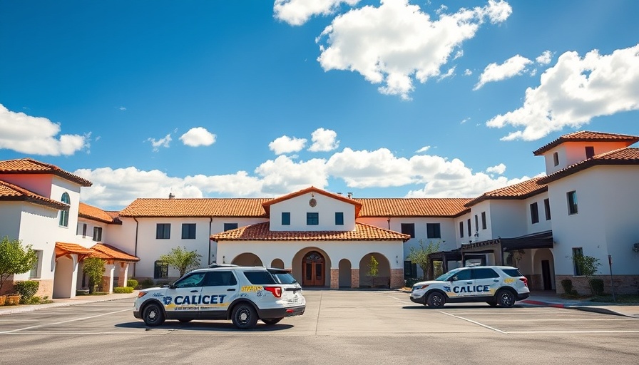 San Anselmo community buildings with parked police cars under a clear sky.