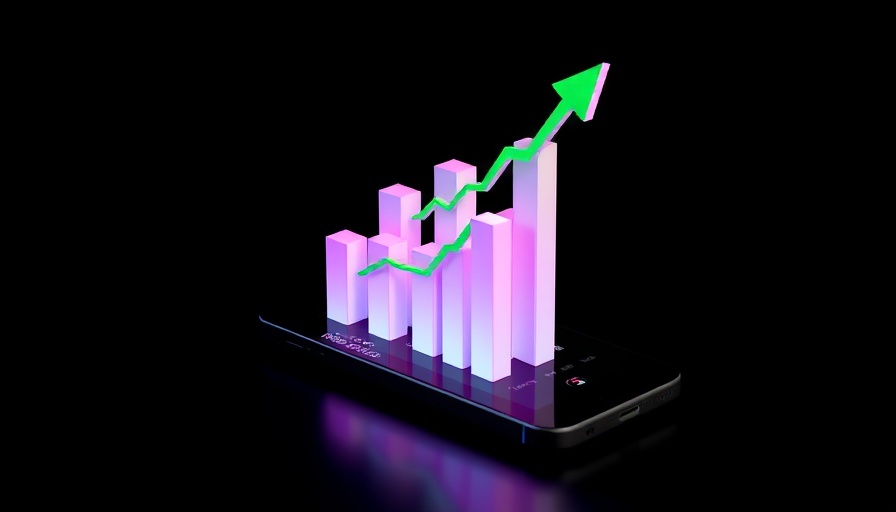 3D investment charts with green arrow on phone screen.