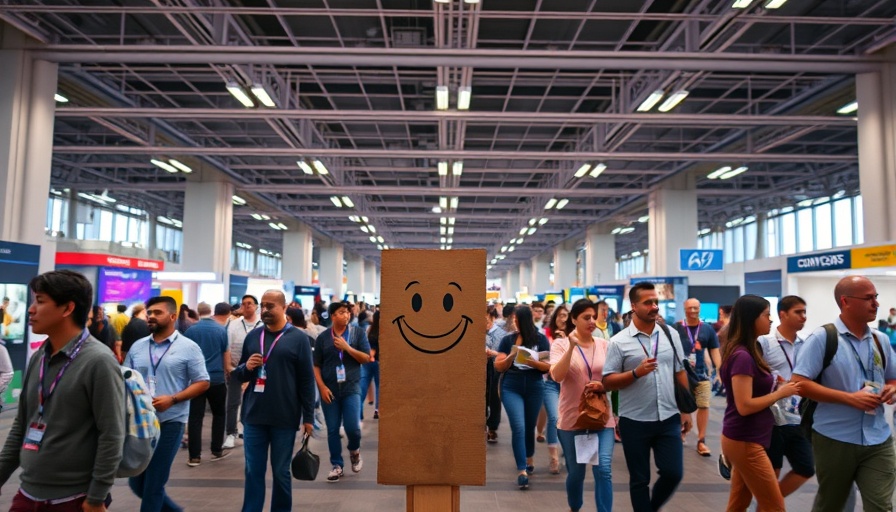 Busy convention center with smiling cutout and visitors.