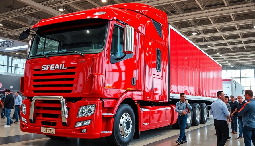 Red truck display at indoor event with observers.