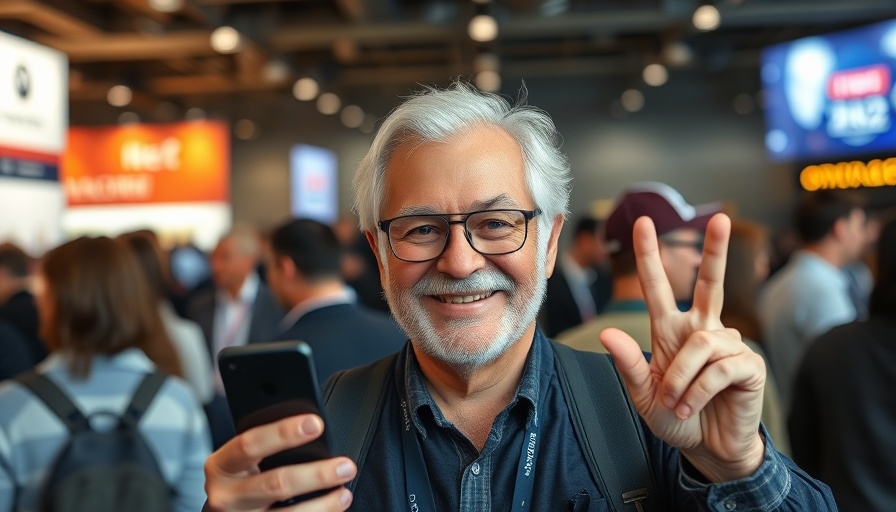 Apple tech news event with a man holding a smartphone.