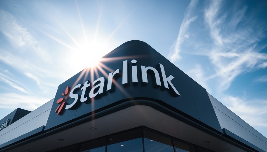 Starlink sign in bright sunlight against blue sky.