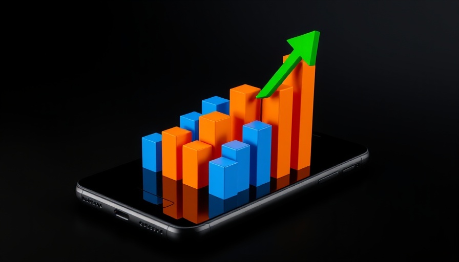 3D bar chart on phone symbolizing stock market news.