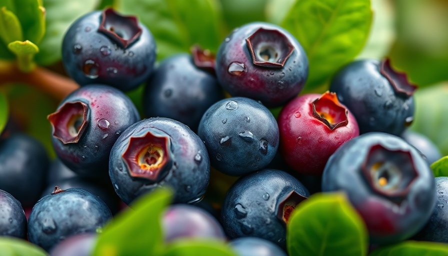 Close-up of ripening blueberries with droplets in a garden.