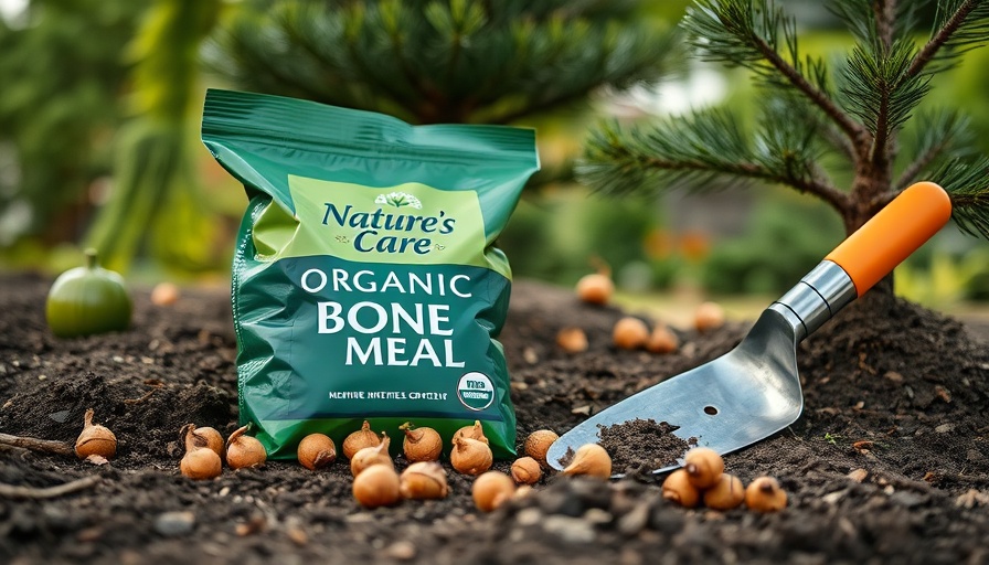 Nature's Care organic bone meal beside bulbs and tool in garden.