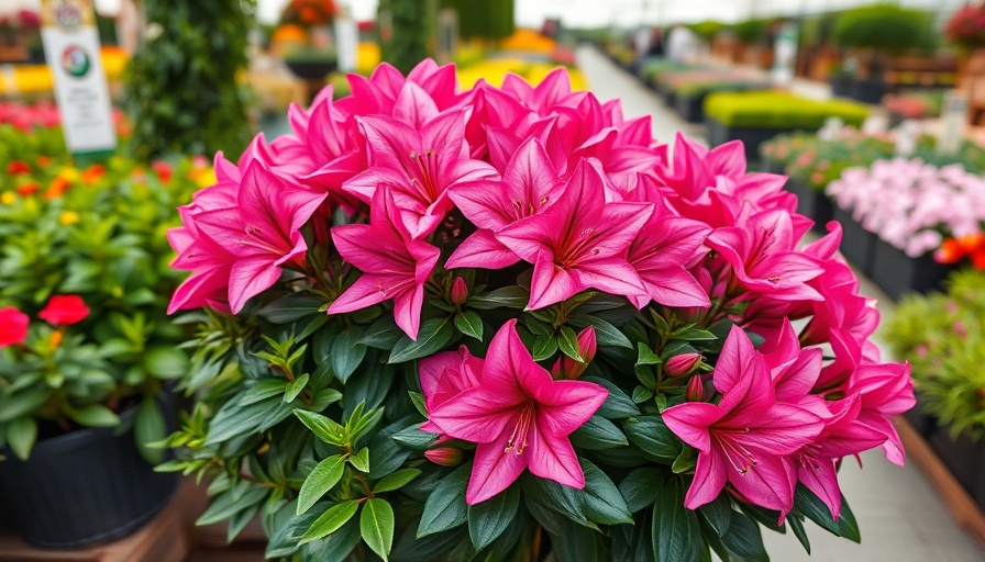 Vibrant azaleas in a container garden at a garden center.