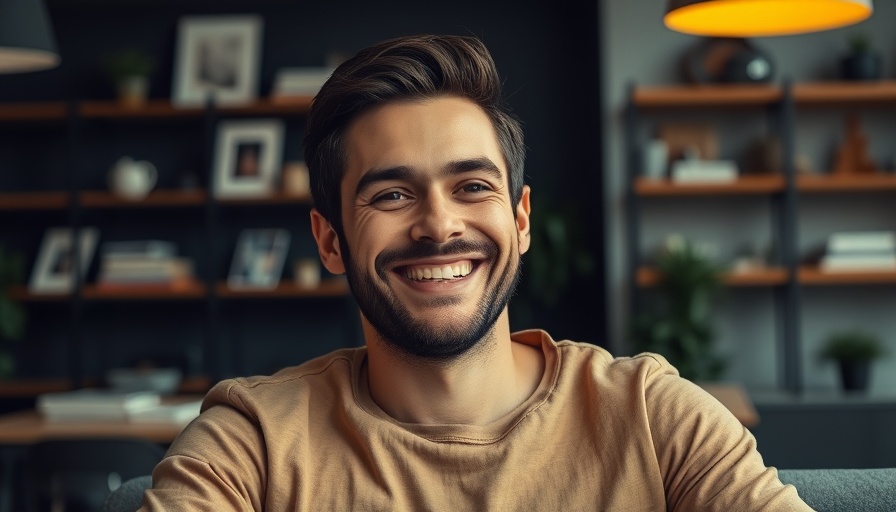 Man smiling indoors, relaxed and cheerful expression.