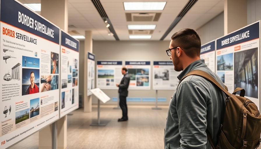 Visitor exploring border surveillance technology exhibition posters