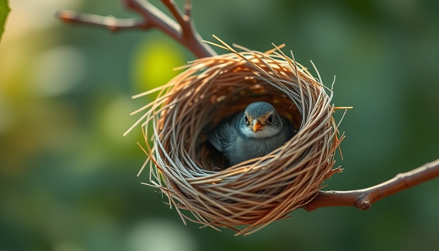 Bird nest with baby bird, soft focus background.