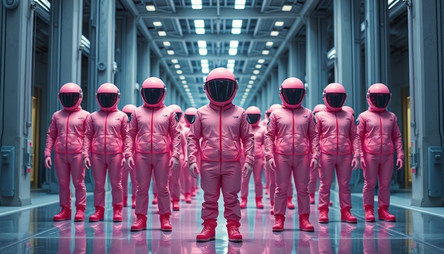 AI jobs crisis concept with characters in pink suits.