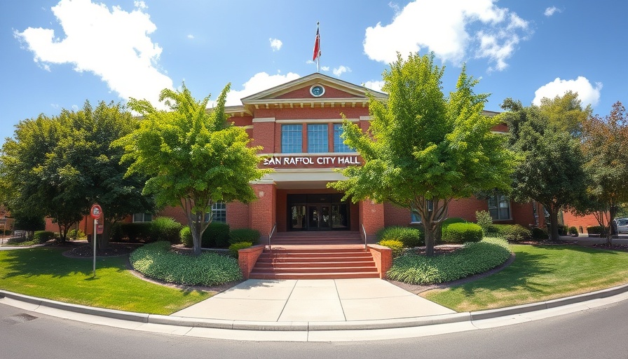 San Rafael City Hall sign with green trees and bright sky.
