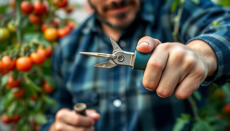 Man using new technique for growing tomatoes, innovative garden tool.