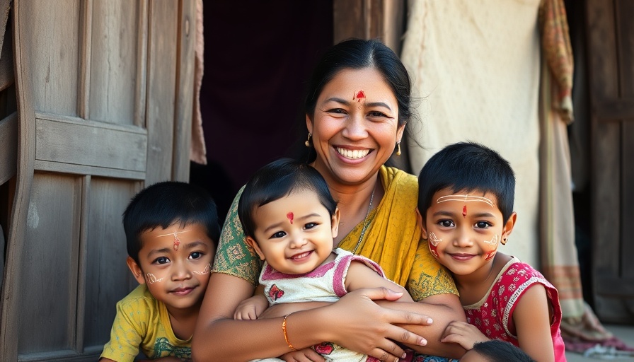 Myanmar family in traditional setting, smiling, impacts of gold mining evident.