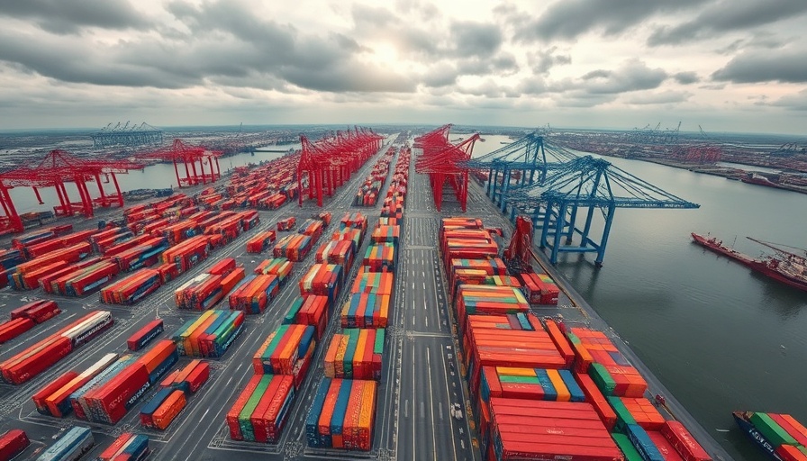 Expansive shipping port with colorful containers arranged systematically, depicting industrial activity.