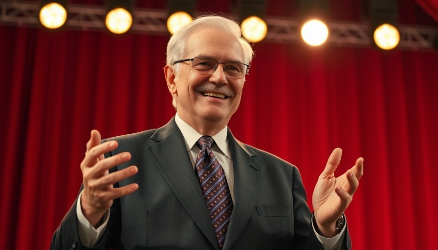 Confident elderly man in a suit gesturing, replicating Buffett’s performance