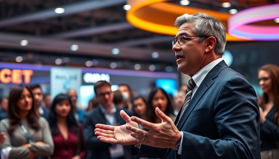 Middle-aged man discussing Labour benefits cuts with a crowd at an exhibition.