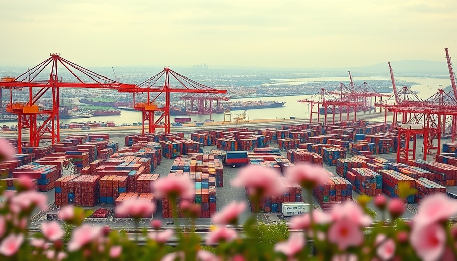 Trade port in China with shipping cranes and containers.