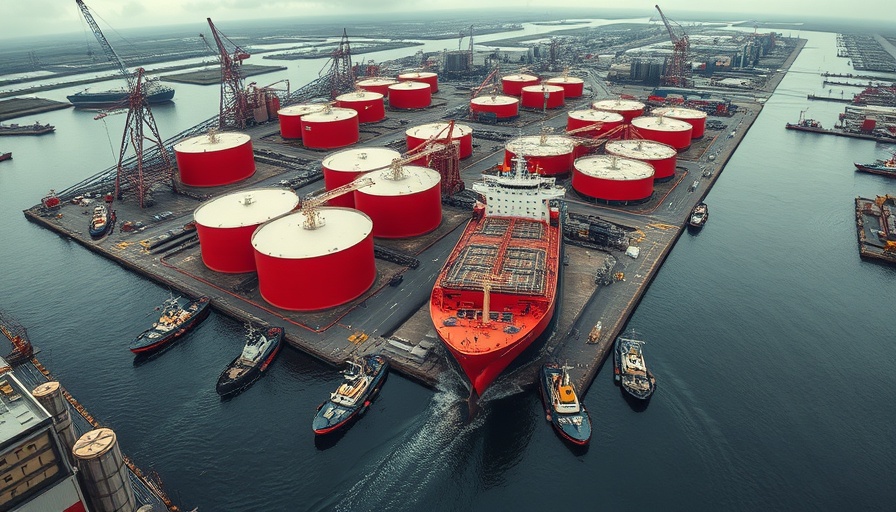 Aerial view of industrial island with oil tanks and cargo ship.