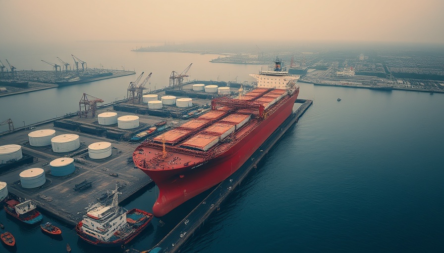 Aerial view of oil tanker at industrial port, US stock futures dip.