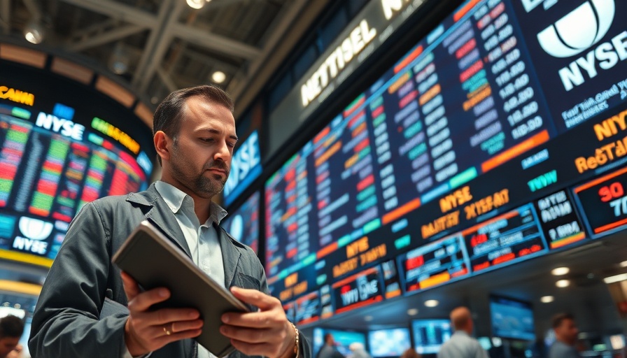 Stock trader analyzing market data at exchange floor.