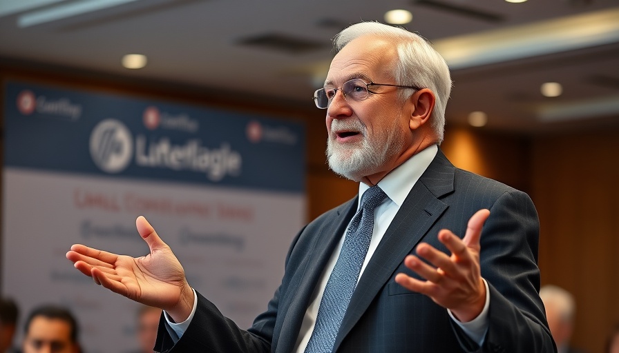 Elderly man gesturing at a conference, discussing investing strategies.