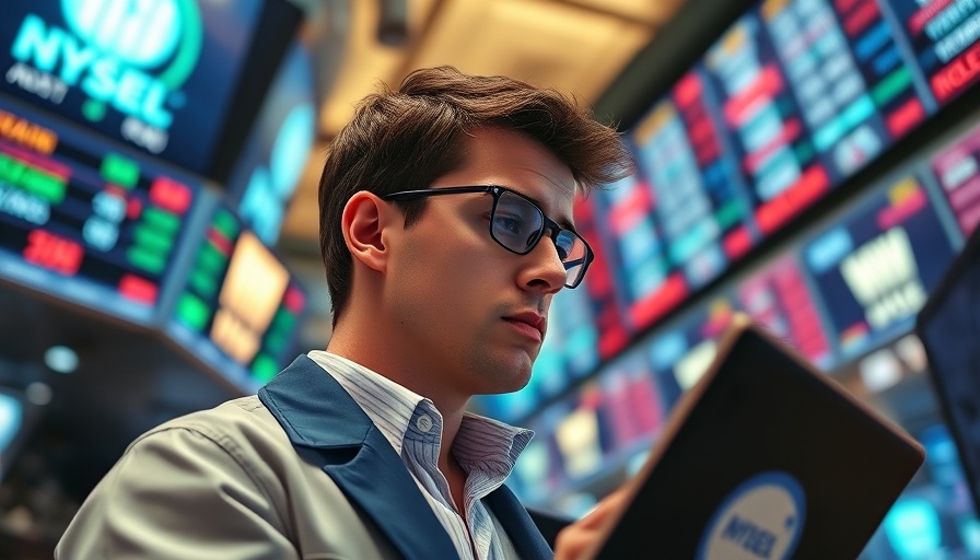 Focused trader analyzing data during stock market recovery, vibrant exchange floor.