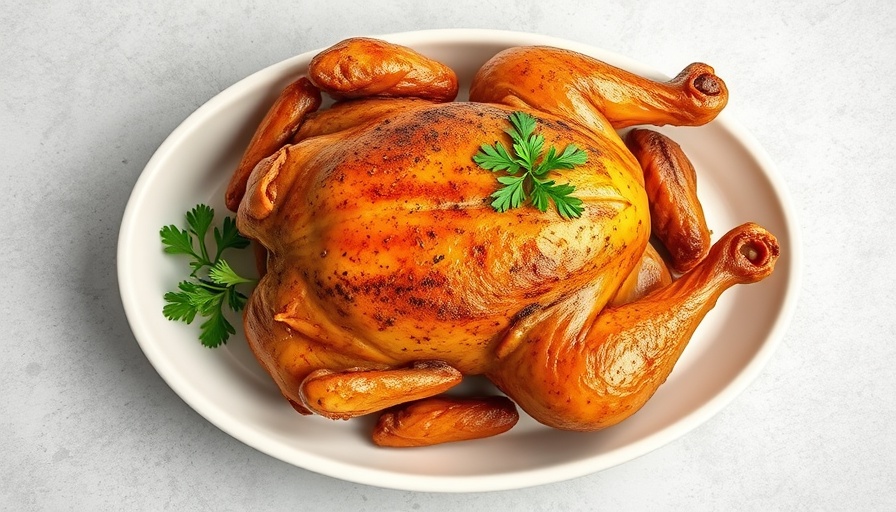 Golden brown rotisserie chicken with fresh parsley on oval platter.
