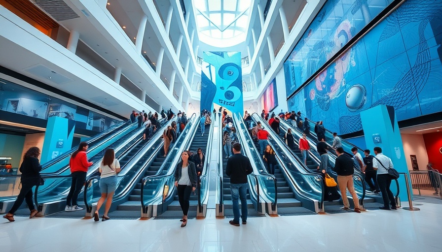 Modern atrium with escalators and people, exemplifying economic shifts.