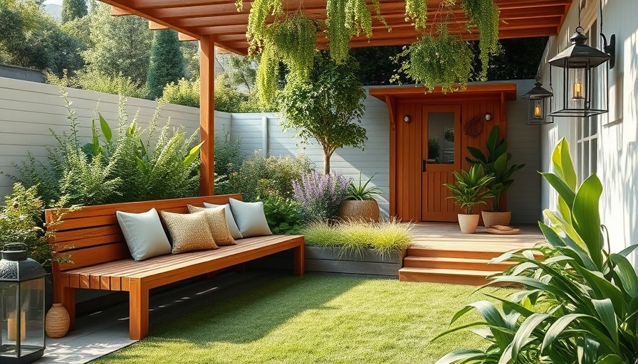 Low-maintenance modern garden with wooden bench and greenery.