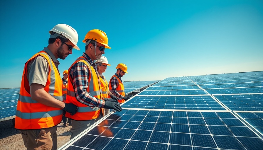 Workers maintaining solar panels in renewable energy field.