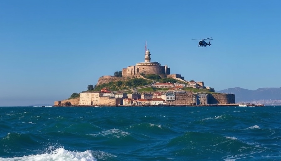 Alcatraz Island with helicopter overhead, clear day view.