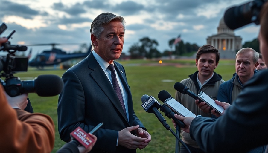 Public figure discusses tariffs at twilight with media presence.