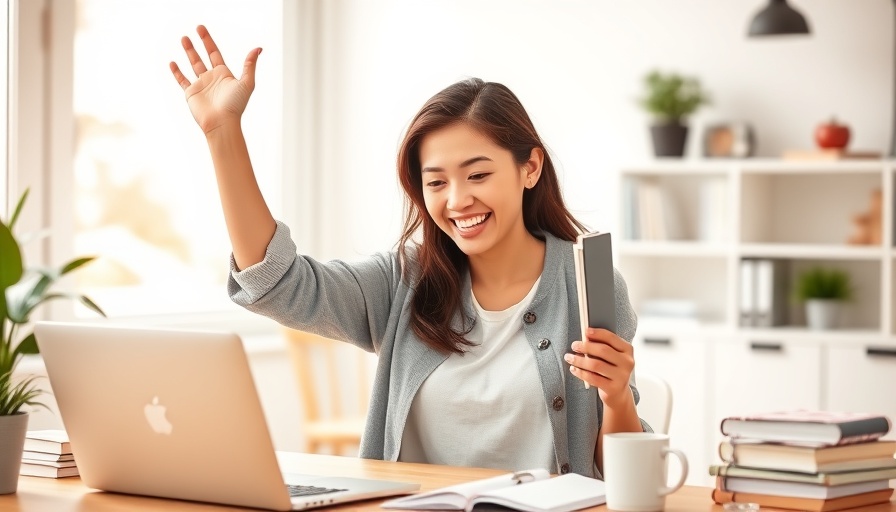 Happy woman exploring debt repayment strategies online.
