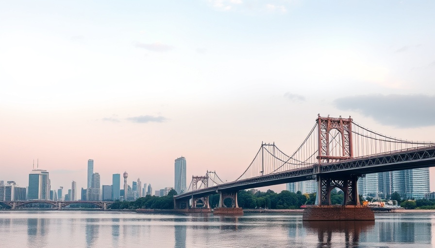 Urban skyline and bridge over riverbank in Missouri.