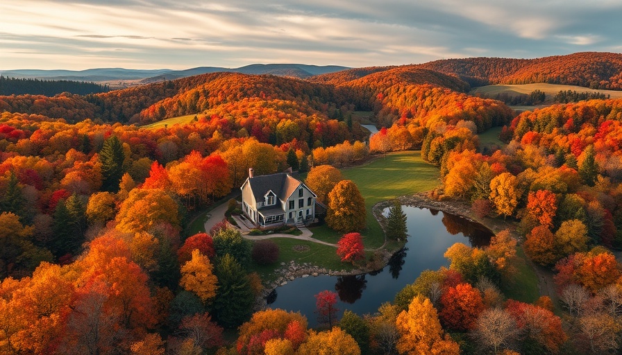 Scenic autumn view of homes for sale in Vermont surrounded by colorful trees.