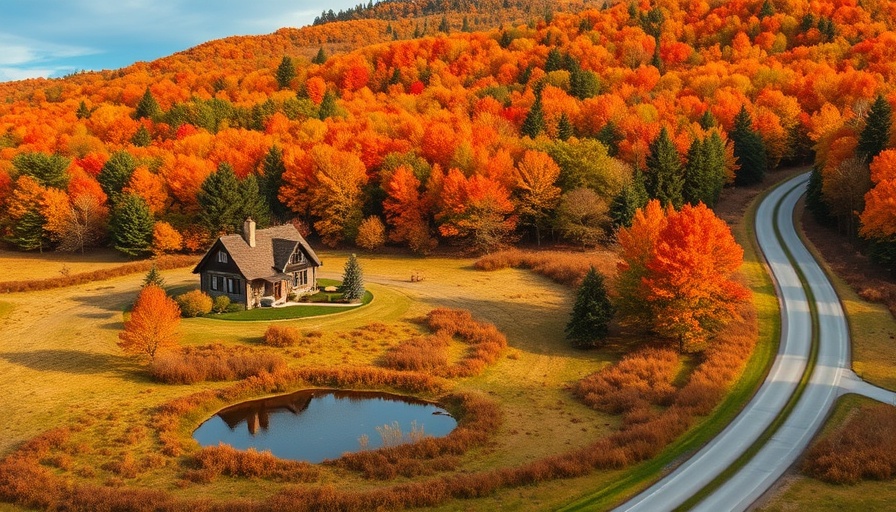 Charming rural Vermont landscape with autumn colors, cozy cottage, and pond.
