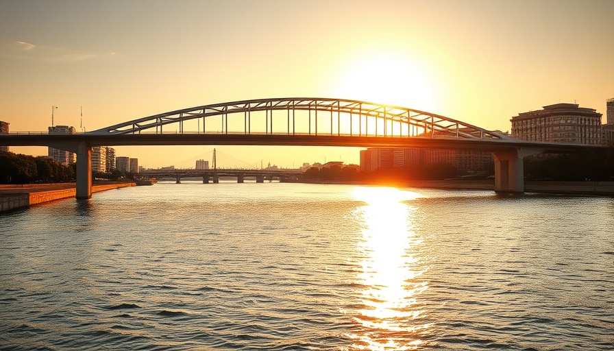 Sunset cityscape with bridge over river, affordable places to live in Iowa.