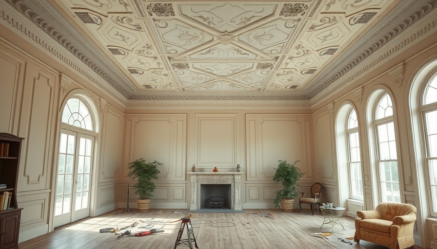 Historic home renovation tips: room with crown molding and tools.
