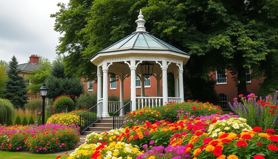 Charming gazebo with vibrant flowers in Colorado town.