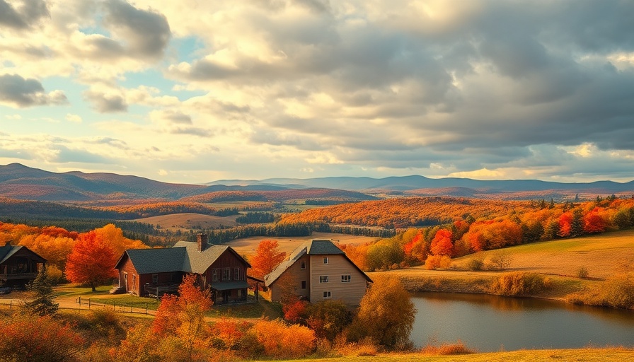 Scenic view of affordable places to live in Vermont with fall foliage.