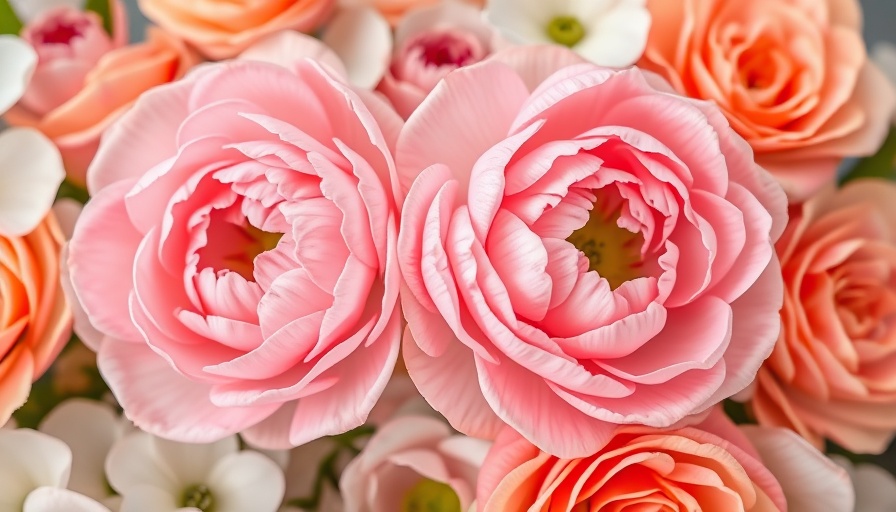 Blooming ranunculus flowers in pink and peach hues.