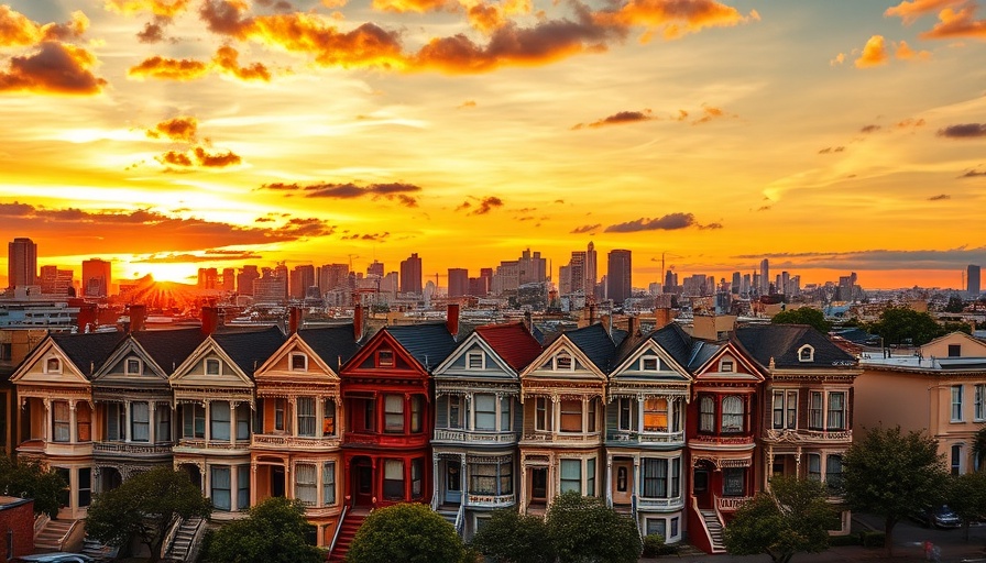 Selling a historical house in 2025 with vibrant sunset and cityscape.