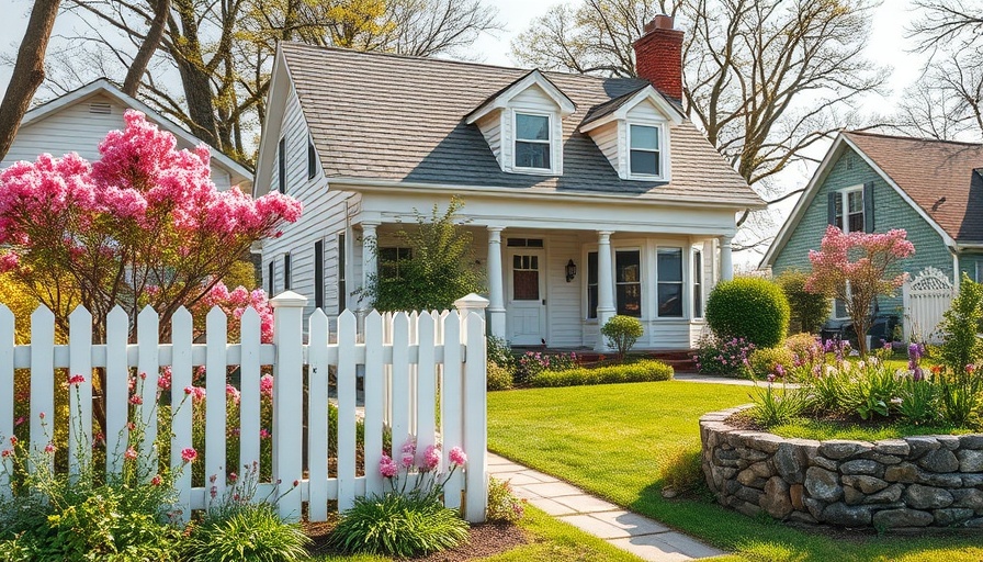 White colonial house with spring garden and fence.